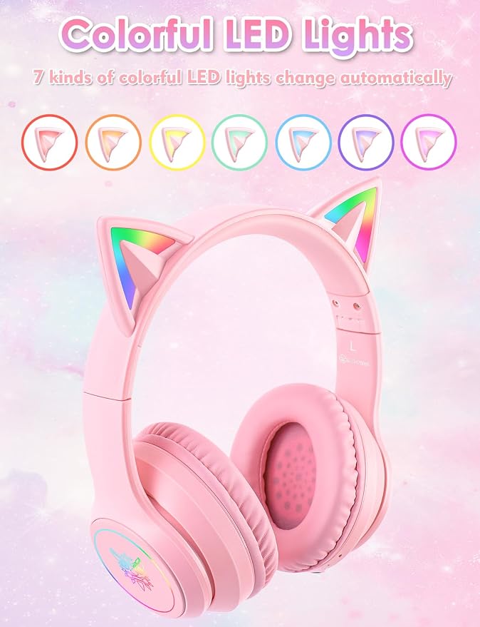 Bluetooth Kids Headphones with Microphone, Cat Ear LED Light Up and 85dB Volume Limited Toddlers Study Headphone, Wireless Foldable HI-FI sound Over-Ear School Headphones for iPhone/iPad/Laptop/PC
