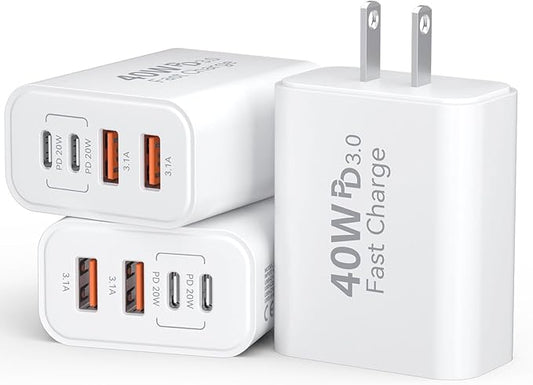 USB C Charger Block, 3Pack 40W 4 Ports Type C Fast Phone Charging Cubes PD 3.0 Wall Plug+ QC 3.0 USB A Charger Power Brick Box for iPhone 16/15/14/13/12/11 Pro Max, iPad, Galaxy, Pixel,White