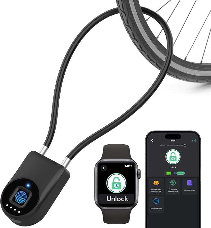 eLinkSmart Fingerprint Padlock, Fingerprint Cable Lock with Bluetooth APP Contral, 15'' Waterproof Keyless Smart Cable Lock Heavy Duty Anti Theft for Bike, Outdoor, Fridge, Gate, Fence, Black