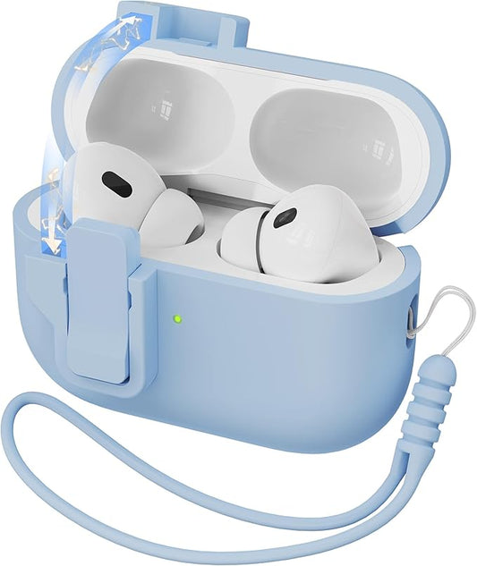 RFUNGUANGO for AirPods Pro 2 Case with Lock & Cleaning Kit, Lanyard, Soft Liquid Silicone Protective Cover for Apple AirPod Pro 2nd/1st Generation Case, Support Wireless Charging, Sky Blue