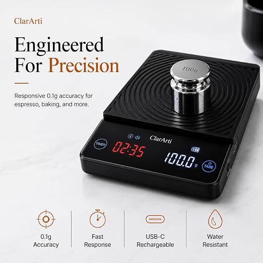 Coffee Scale with Timer – 0.1g Precision Espresso Scale for Pour Over & Espresso, Auto & Manual Timer, USB-C Rechargeable, Water-Resistant