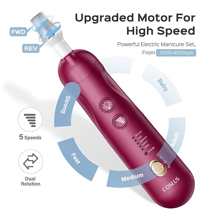 COSLUS C30 Professional Manicure Pedicure Kit, 5-in-1 Electric Nail File for Toenail Hand Feet - Standard Grinder for Basic Nails Care, Cordless, 5 Speed, for Men Women Seniors Home Salon, Red