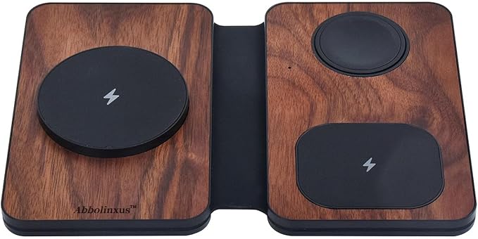 3-in-1 Charging Station for Apple Devices, Fast Mag Safe Wireless Charger, Foldable Travel Charger for Cell Phone 16-12 Series, AirPods, and iWatch Series (wulnut Wood)