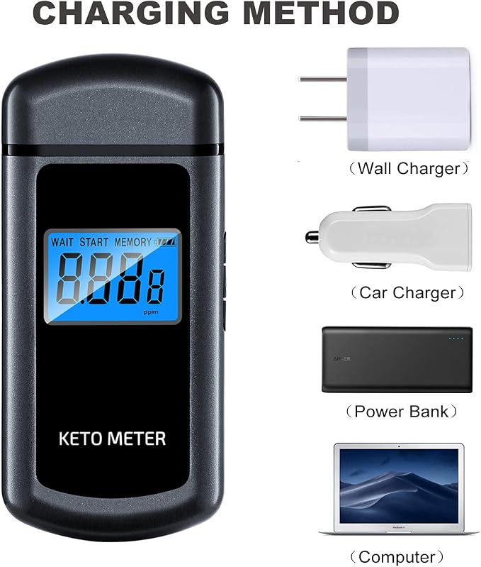 Ketosis Meter Professional Ketone Breath Analyzer for Keto Testing - High-Accuracy Rechargeable Breath Ketone Meter Home Ketone Breath Tester with 10 Mouthpieces - Monitor Fat Burning & Ketosis Levels