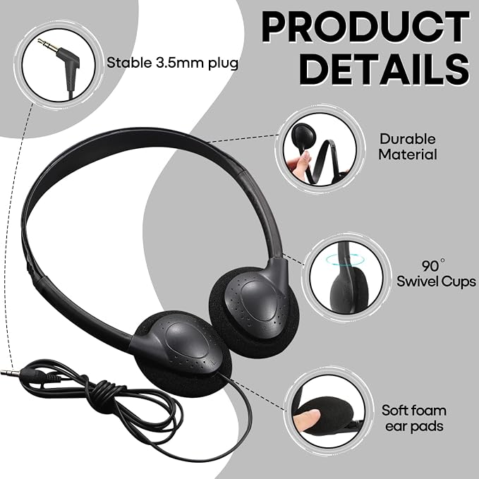 30 Pack Bulk Class Set Headphones for Kids Students Classroom，Adjustable School Earphones On Ear with 3.5mm Jack for Teachers Children Toddler Boys Girls Teens Adult(GS857, Black)