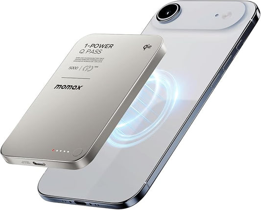 MOMAX Magnetic Portable Charger Slim 0.37", 5000mAh Qi2 Certified 15W Fast Charging Power Bank iPhone Air MagSafe Battery Pack Designed for iPhone 17 Pro Max/17 Pro/Air/16/15/14/13/12