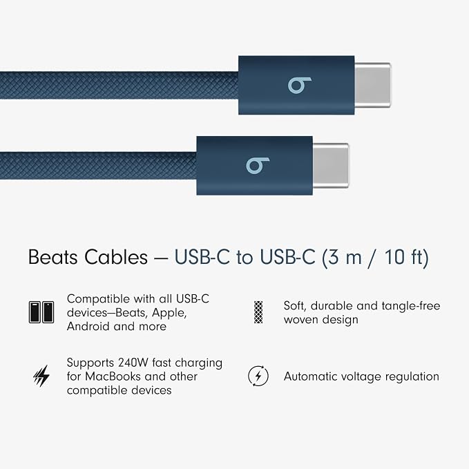Beats 240W USB-C to USB-C Braided Cable, Fast Charging, Durable/Tangle Free, Compatible with Apple and Android Devices (3 m/10 ft) – Nitro Navy