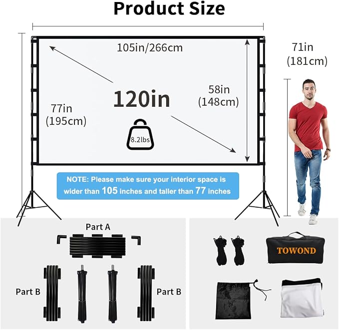 Towond 120 inch Projector Screen with Stand, 4K HD 16:9 Foldable Anti-Crease Indoor Outdoor Movie Screen, Portable Projection Screen for Backyard Theater, Camping, and Sports Viewing Parties