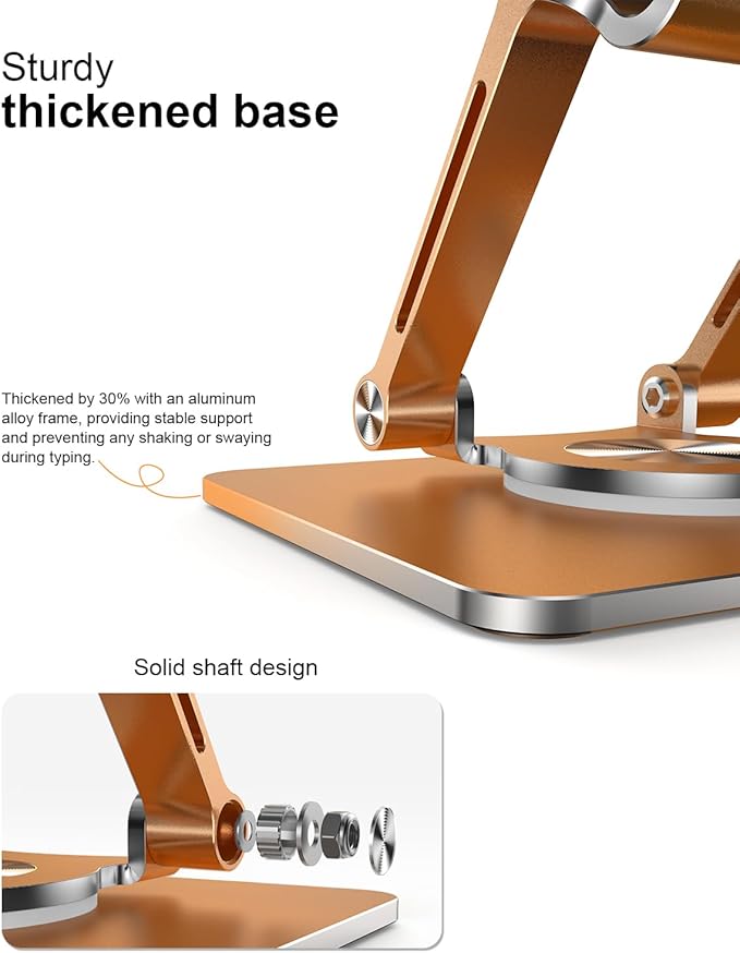 Orlian Tablet Stand Holder with Thickened 360°Rotating Base Dual Rod Adjustable Aluminum Stand for All 5.8-12.9” iPad Samsung Phone Tablet Kindle E-Reader and More, Champagne Gold