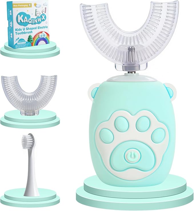 Kids U Shaped Electric Toothbrush for Age 2-12, Rechargeable Toddler Toothbrush with Smart Timer & 3 Clean Modes, Cat's Claw Design, IPX7 Waterproof, 3 Brush Heads & 360°Cleaning