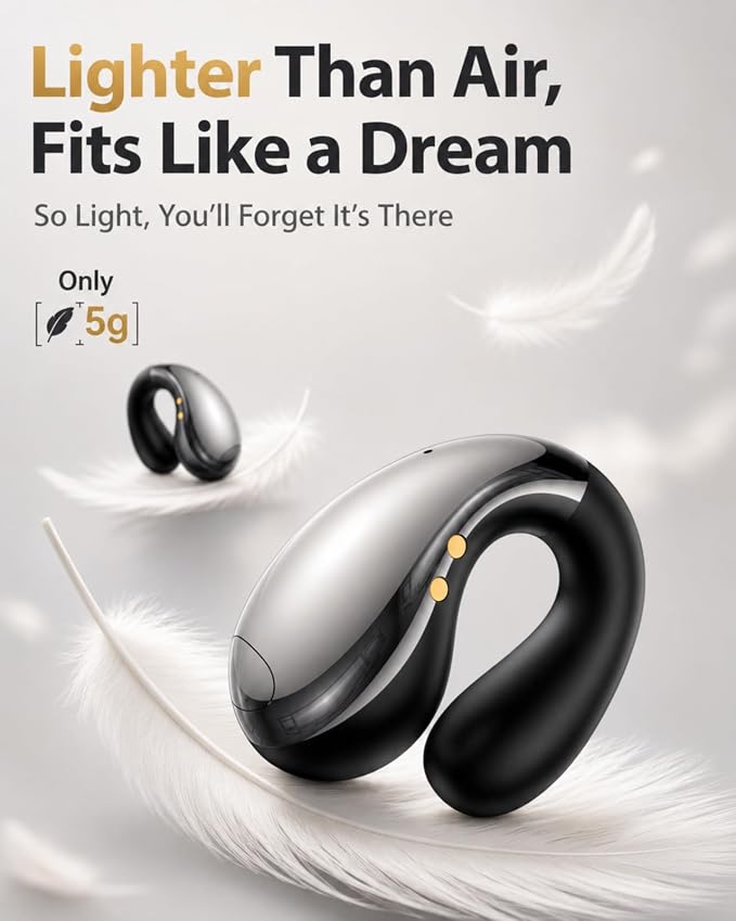 Boytond Ultra Open Ear Earbuds, Comfort Clip On Earbuds, Wireless Bone Conduction Headphones with Bluetooth 5.3, Fast Charging Fast Charging for Running, Sports, and Travel, Glaze Black