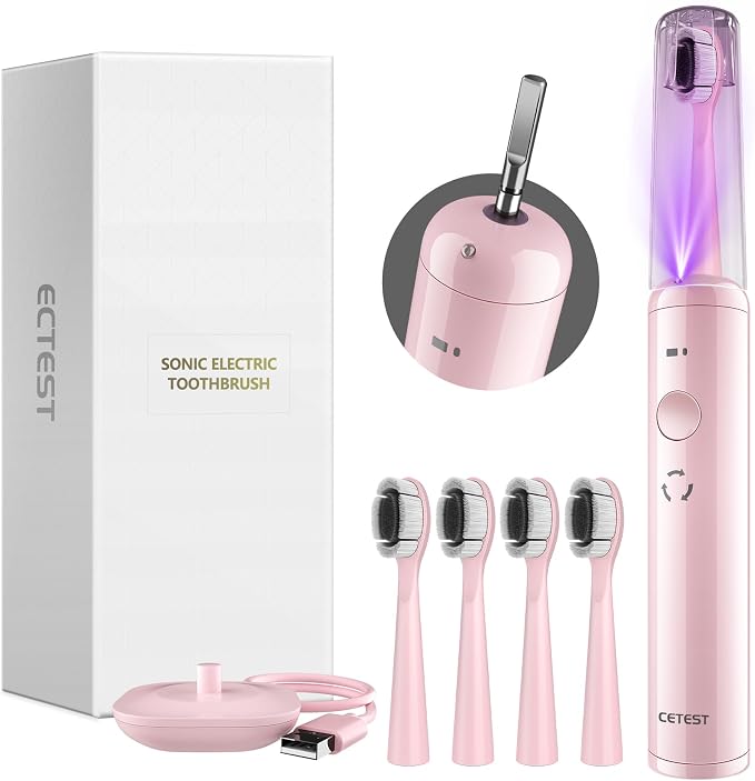Sonic Electric Toothbrush with Light 4 Brush Heads for Adults and Kids, One Charge for 60 Days, Wireless Fast Charge, 3 Modes, Electric Toothbrushes（Pink）