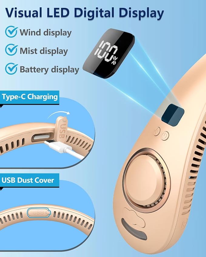 Neck Fan with Mist,Portable Neck Fans that Blow Cold Air,Foldable Water Cooler Fan Sprayer with Bottle,Leafless Battery Powered Neck Fan Rechargeable,Best Necklace Fan for Hot Flashes Summer Apricot