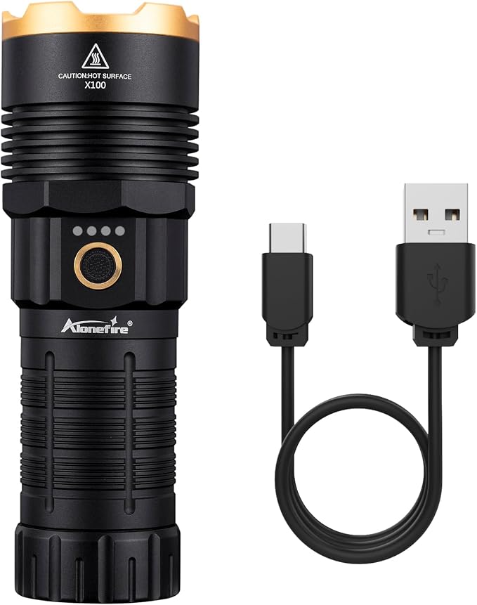 ALONEFIRE X100 LED Flashlight 2050 High Lumens Super Bright USB C Rechargeable 5 Adjustable Modes Waterproof Flash Light Reverse Charging with Battery, Lanyard for Camping Emergency Hiking Home