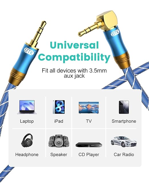 EMK 90 Degree Right Angle Aux Cable - [24K Gold-Plated,Sound Quality] Audio Stereo Male to Male Cable for Laptop, Tablets, MP3 Players,Car/Home Aux Stereo, Speaker or More(4FT/1.2M)