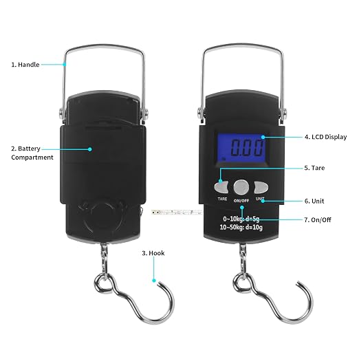Digital Scale with Lip Gripper：110 Lbs/50 Kg Backlight LCD Display Fishing Scale with Build in Ruler and 2pcs Fish Lip Gripper
