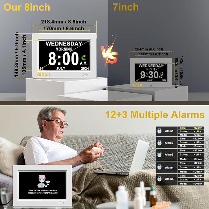 CAZOKASI 8inch Extra Large Impaired Vision Digital Alarm Clock with Day and Time for Elderly DST Calendar Clock No Battery Plug-in Power Outage Memory Auto Dimmable Clock