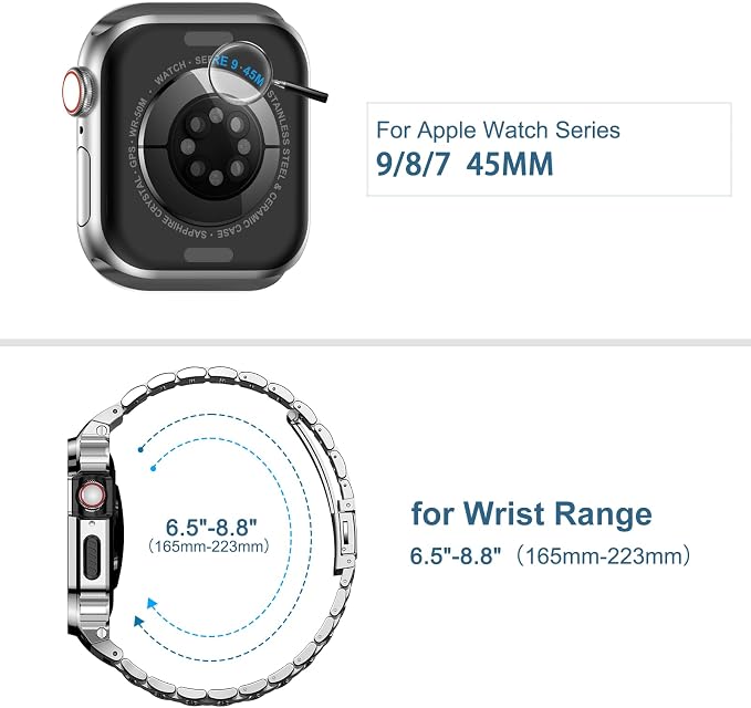 MioHHR Stainless Steel Watch Band with Case Compatible with Apple Watch Series 9/8/7(45mm),Rugged Strap with Metal Protective Bumper Cover for iWatch Band Men(Silver)