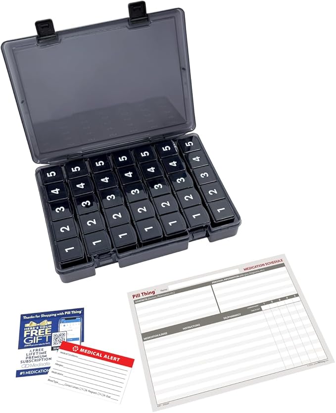 7-Day Weekly Pill Organizer with Secure Case, 5 Compartments Per Day, Removable Tray, Medication Schedule, Travel Pill Box-Complex Medication Routine (5 Time-a-Day - Black)