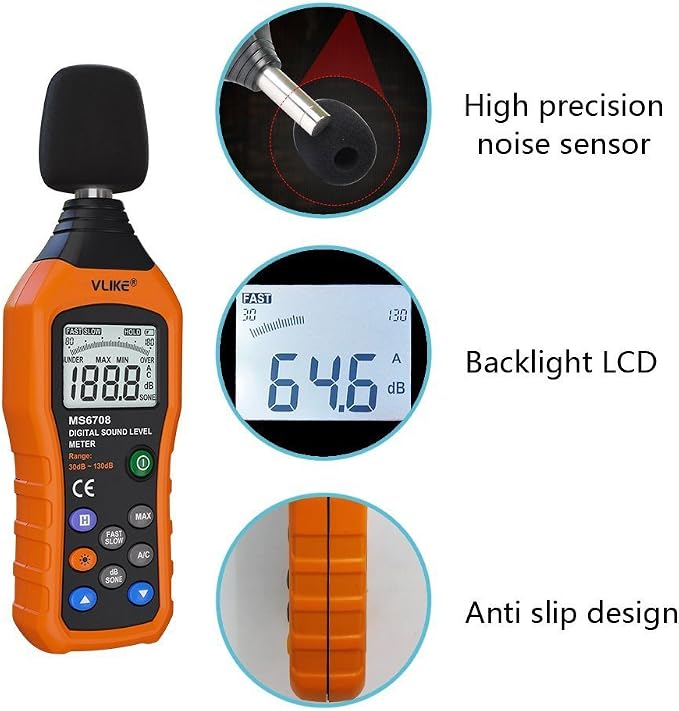 VLIKE LCD Digital Audio Decibel Meter Sound Level Meter Noise Level Meter Sound Monitor dB Meter Noise Measurement Measuring 30 dB to 130 dB A/C Mode (Batteries Not Include)