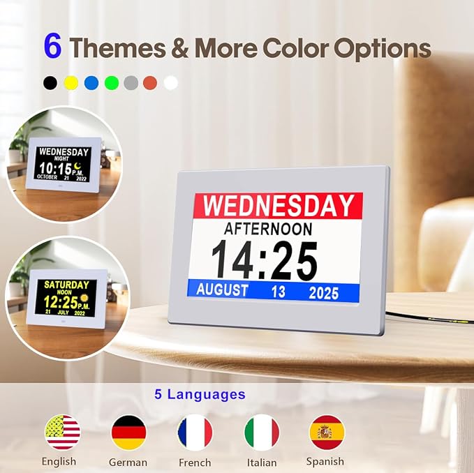 MASSII 𝗨𝗽𝗴𝗿𝗮𝗱𝗲𝗱 Dementia Clock 27 Alarms with Auto DST, DIY Custom Reminders,10 Auto-Dim Options, Non-Abbreviated Digital Clock for Elderly, Memory Battery Included (7 Inch with Remote)