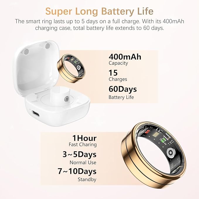 Fit Ring, Smart Health Rings for Women Men with Heart Rate,Blood Oxygen,HRV,Stress Level, Sleep Monitor, Step Tracker, No Subscription Fee, IP68 Waterproof Smart Ring for iphone &Android (Gold, 7#)