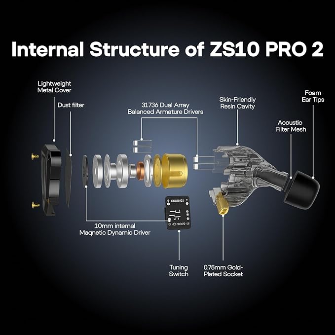 Linsoul KZ ZS10 PRO 2 in Ear Monitor IEM, 1DD+4BA Hybrid Wired Earbuds, with 4-Level Tuning Switch, 3-Way Crossover Gaming Earbuds, Silver-Plated IEM Cable for Musician Audiophile (Black, with Mic)