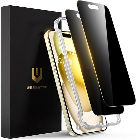UNBREAKcable Privacy Screen Protector for iPhone 15 Plus, Anti-Spy Shatterproof Tempered Glass [True 28°Anti Spy] [9H Hardness] [Easy Installation Frame] Black Protector for iPhone 6.7" - 2 Pack