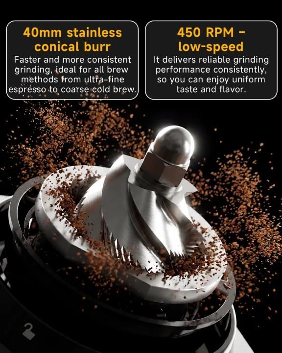 IAGREEA Conical Burr Coffee Grinder, 48 Grind Settings, 450RPM Low-Speed Anti-Static, Precision Timer, Portafilter Holder for Espresso, Drip, French Press, Cold Brew, Stainless Steel