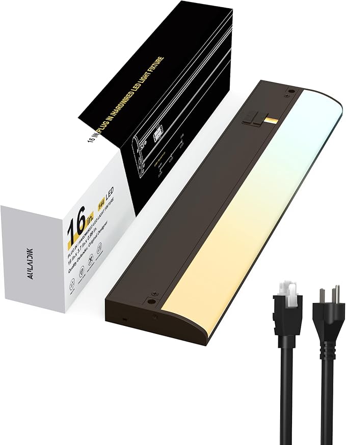 Hardwired Under Cabinet Lighting, 16 inch 3CCT with Triac Dimmable, 12W Linkable Under Counter Lights for Kitchen, CRI 97, 144 LED 1050 Lumen Under Cabinet Lights with 2 Cord, Brown