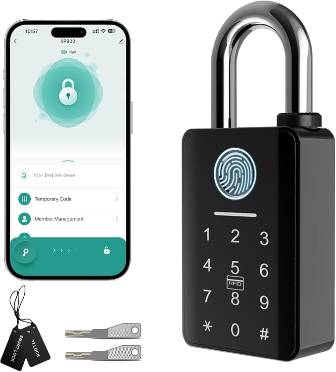 Heavy Duty Fingerprint Padlock with Key, Outdoor Smart Padlock with Code Keypad, Smart Combination Gate Lock for Outdoor Fence, Gate, Storage Unit, Tuya App, Waterproof (10 mm Shackle)