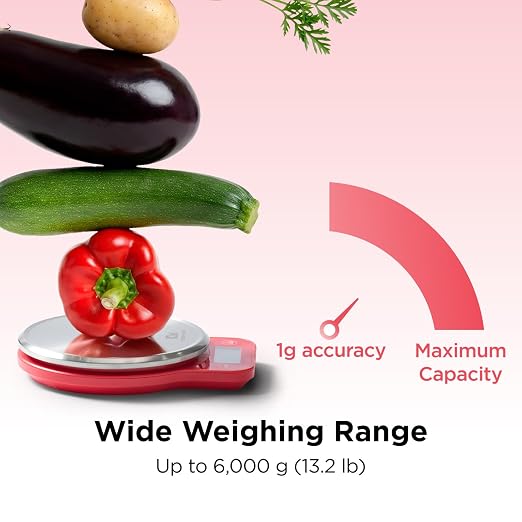 Kitchen Mama Q-Series Digital Food Scale, Red | 13.2 lb / 6000g Capacity, 1g Precision, Tare Function, Stainless Steel Platform, LCD Display