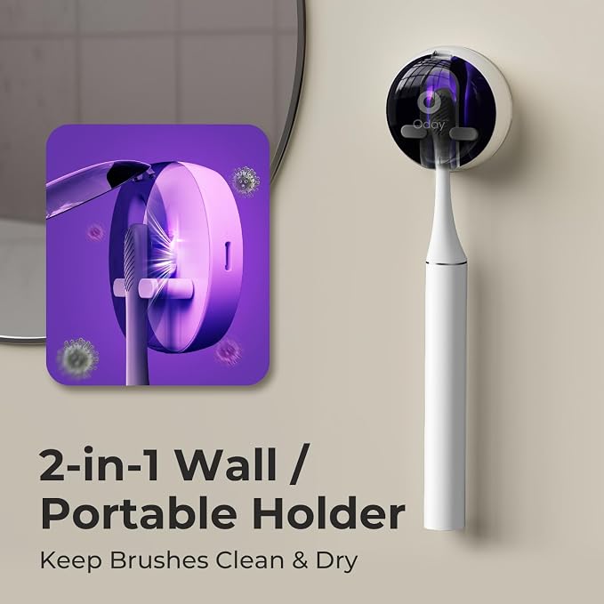 Oday Sonic Electric Toothbrush for Adults with Wall Mounted UV Toothbrush Cleaner Holder and 4 Brush Heads, Wireless Charging, IPX7 Waterproof, 1 Month+ Battery, White