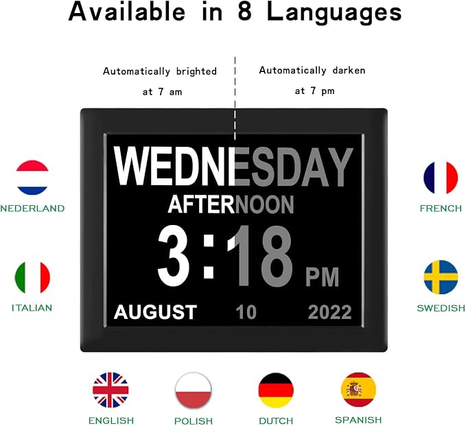 Digital Calendar Clock Date and Time Day of The Week Clock 8 Alarm Options + Auto Dimming for Seniors Dementia Elderly Patients