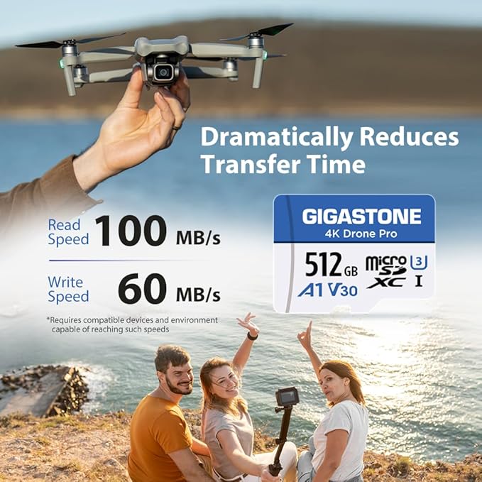 【Designed for Drone】 GIGASTONE 512GB Micro SD Card, 4K Drone Pro, MicroSDXC Memory Card for Security Camera, DJI Drone or Action Camera, 4K Video Recording, UHS-I U3 A1 V30, 100MB/s, with Adapter.