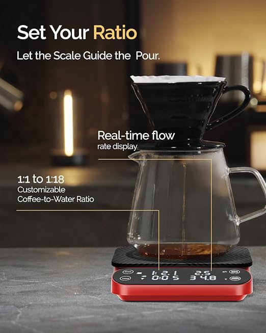 Maestri House S3 Coffee Scale with Timer, 3kg/0.1g Rechargeable Pour Over Coffee Scale, 3 Brew Modes, Adjustable Brew Ratios & Flow Rate Display, Scale for Pour Over, Espresso & French Press-Red
