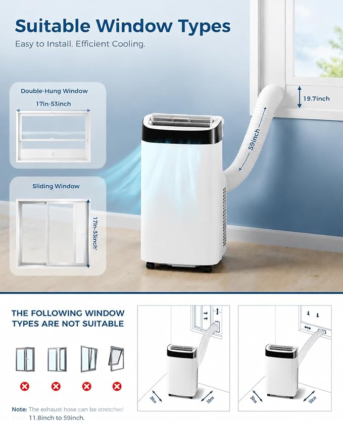 10000 BTU Portable Air Conditioners, Cools Up to 450 Sq. Ft, 3-in-1 Portable AC Unit for Rooms with Remote Control, Quiet Mode, 24-Hour Timer, Window Installation Kit for Home
