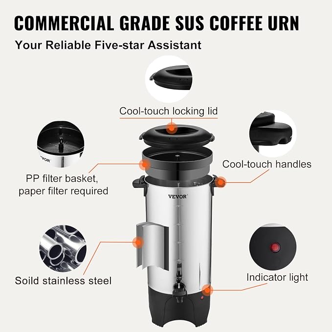 VEVOR Commercial Coffee Urn, 50 Cups/7.5L Stainless Steel Large Coffee Dispenser, 1000W 110V Electric Coffee Maker Urn For Quick Brewing, Hot Water Urn with Detachable Power Cord for Easy Cleaning