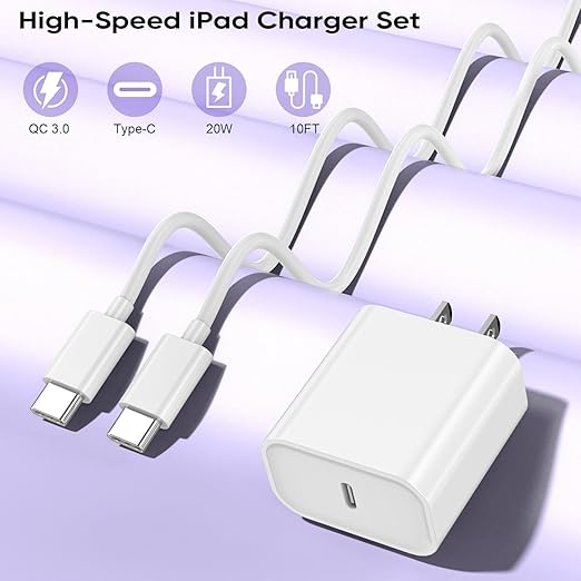 Fast iPhone 17 Charger, 20W Fast USB C Charging Block Wall Charger with 10Feet Long Usb Type C Chargers Compatible with iPhone Air/17/17Plus/17 Pro/17 ProMax/16/16 Plus/16 Pro/16e/16 ProMax/15/iPadPro