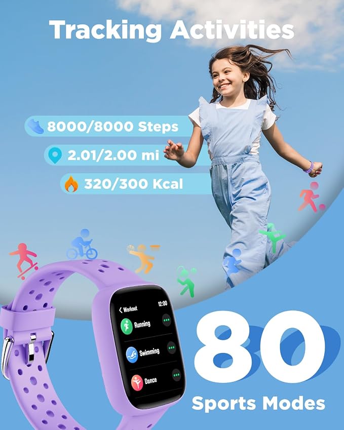 BIGGERFIVE Smart Watch for Kids No APP No Phone Needed, 1.8" Fitness Tracker Watch Pedometer, Heart Rate, Sleep Monitor, IP68 Waterproof, Step Counter, Puzzle Games for Girls Teens 5-16, Lilac
