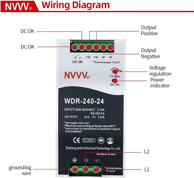WDR-240-24 24V, Input:180~550VAC,Output:24VDC 10A, 240W Industrial DIN Rail Power Supply AC to DC Converter