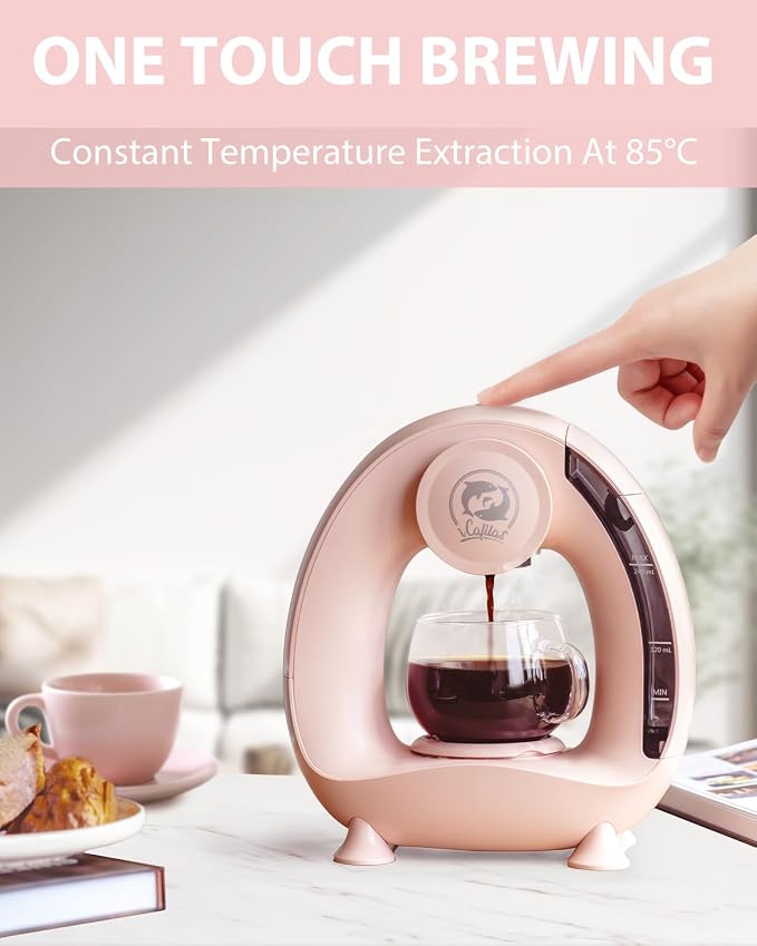 i Cafilas 2-in-1 Coffee Maker, Fast Brew in 1.5mins, Single Serve Coffee Machine Compatible with K-Cup Pods & Ground Coffee, 1400W with 20s Preheat, Compact for Home,Small Place,Office&RV, 4-8oz,Pink