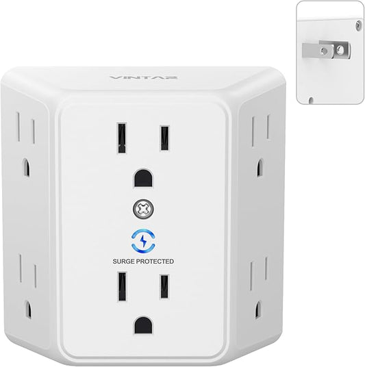 VINTAR 2 Prong to 3 Prong Outlet Adapter, 3 Sided 6 Outlet Widely Spaced Extender, Polarized Plug, 2 Prong Power Strip, 900J Wall Charger Surge Protector, Mountable Wall Tap for Non Grounded Outlets