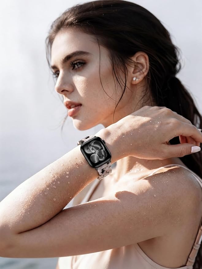 V-MORO Resin Bands Compatible with Apple Watch 42/40/41/38mm Series 11/10/9/8/7 Fashion Lightweight Strap Bracelet Compatible for iWatch Series SE/6/5/4/3/2/1(Tortoise Stone Flower-Black)