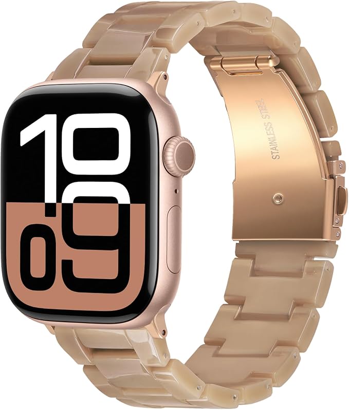V-MORO Resin Bands Compatible with Apple Watch Series 11/10/9/8/7 Band 45mm/44mm/42mm/46mm Fashion Rose Gold Metal Buckle Lightweight Strap Bracelet for iwatch Series SE/6/5/4/3/2/1 Women,Caramel