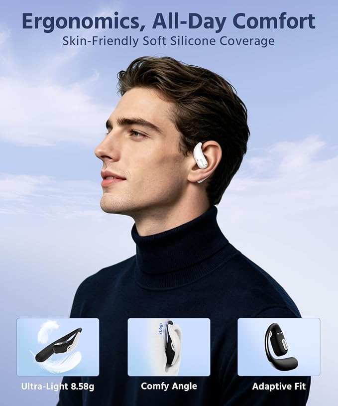 Open Ear Earbuds, Soft Earhook, 56H Playtime, Bluetooth 6.0, Bass | True wireless over ear headphones, Ergonomic fit, Powerful Sound, AI clear call mic, IP55 waterproof for work, sport, White