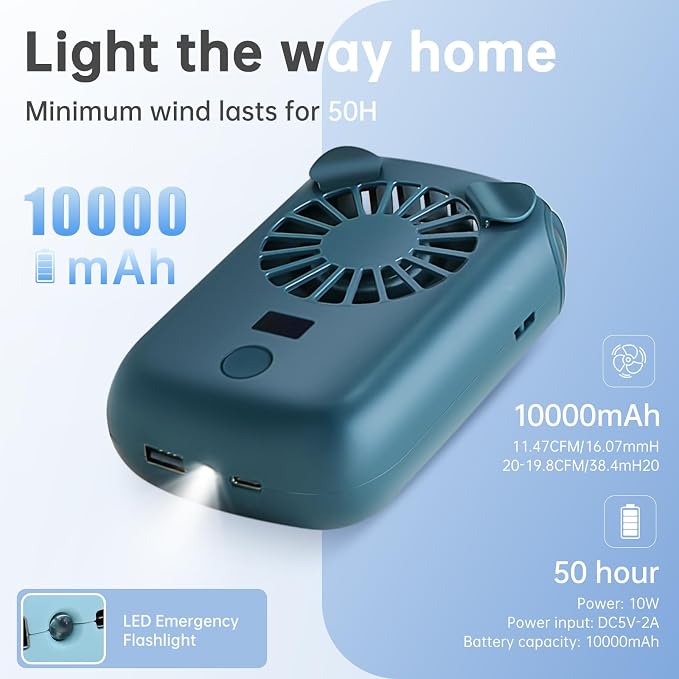 2025 AI portable neck hanging fan can charge mobile phones, 4-speed, powerful turbo airflow, with lighting, personal chest fan can work for up to 50 hours, hands-free neck wearable and portable