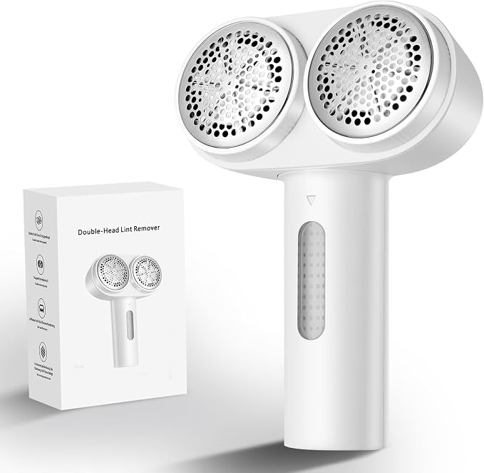 Fabric Shaver, Handzee Electric Lint Shaver, Dual Motor Sweater Shaver, Fabric Pilling Remover, Powerful 2 Gear 6-Leaf Blades, Portable Defuzzer Clothes Fuzz Remover for Sweater Furniture (White)