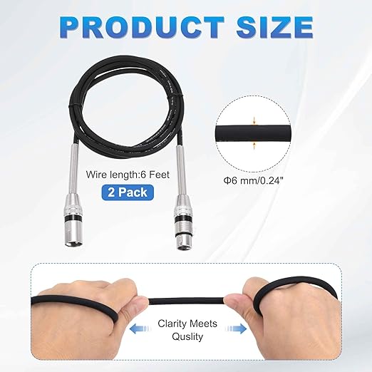 DMiotech 2 Pack XLR to XLR Cable, 3-Pin 22AWG OFC Male to Female Microphone Cable Mic Cord Wire Connector for Speaker Mixer, Studio, PA System, 6 Feet(Black)