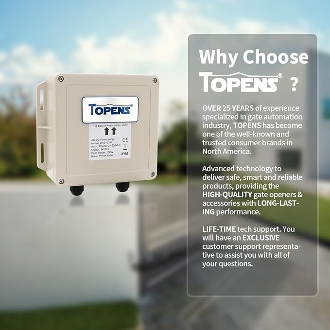 TOPENS DPS180-U AC-DC Power Supply Adapter 100-240VAC to 24VDC 150W Transformer Waterproof Converter Outdoor Use for Automatic Gate Openers CCTV Security Cameras LED Strip Lights